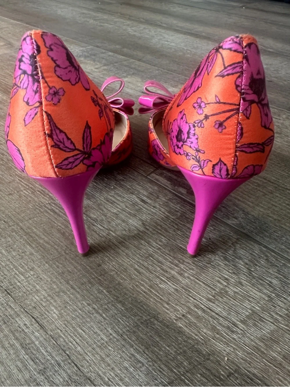 Betsey Johnson Pink Bow Orange Floral D'Orsay Heels